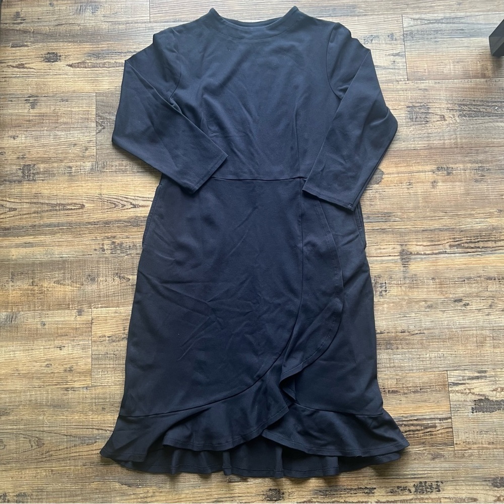 J.Jill Womens Navy Blue Ponte Jersey Dress Ruffle Wrap Skirt Knee Length Sz S